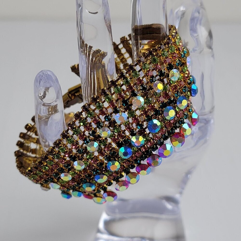 1950's Paste Bracelet Multicolor AB Rhinestones Gold-Tone Fold Over Clasp 7"
